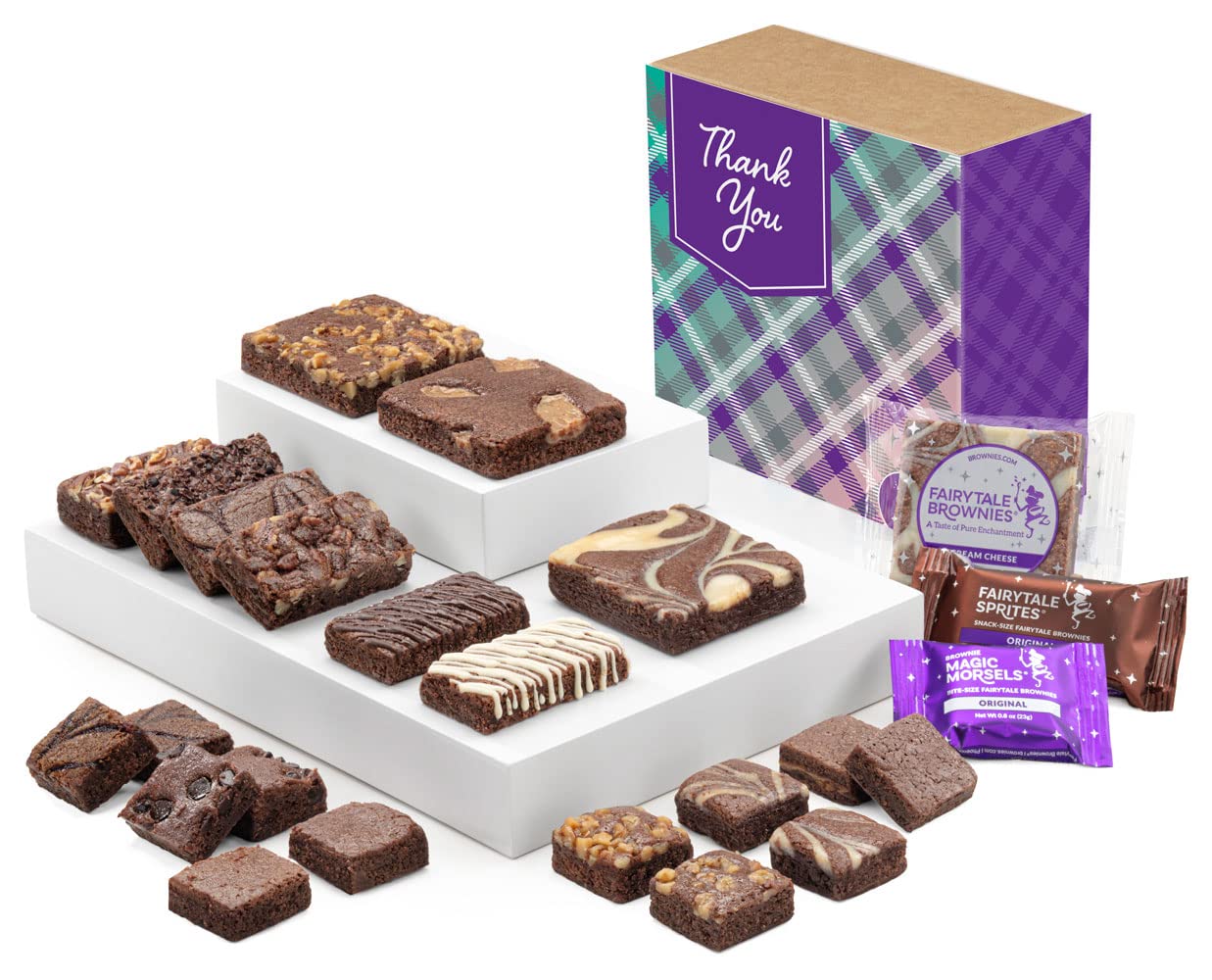 Fairytale Brownies Thank You Medley Individually Wrapped Gourmet Chocolate Food Gift Basket - Full-Size, Snack-Size and Bite-Size Brownies - 21 Pieces - Item CY321