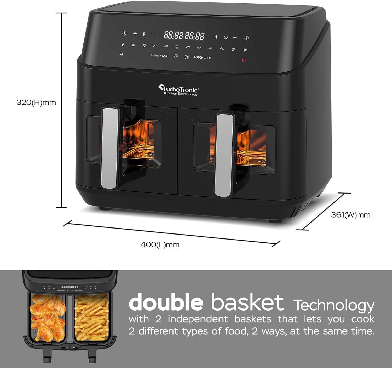 TurboTronic DAF6 Dual Basket Air Fryer with dimensions labeled: 400mm length, 361mm width, 320mm height