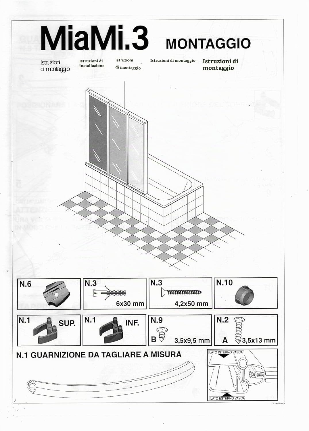 Parete Box vasca 3 ante pieghevoli H.140cm - acrilico satinato da 1,8mm di spessore, estensibile L.128-130 cm