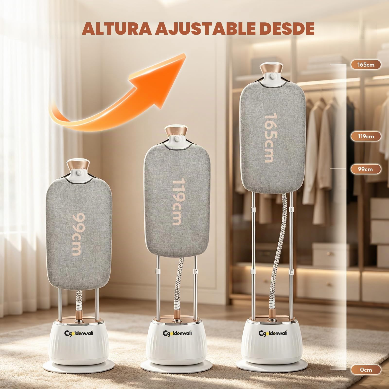 CGOLDENWALL Plancha de Vapor Vertical 1350W, Depósito 1.6L, 10 Niveles de Vapor (32g/min), 3-en-1 (Plana/Inclinada/Colgada), Altura Ajustable 99-165cm, Incluye Tabla y Guante