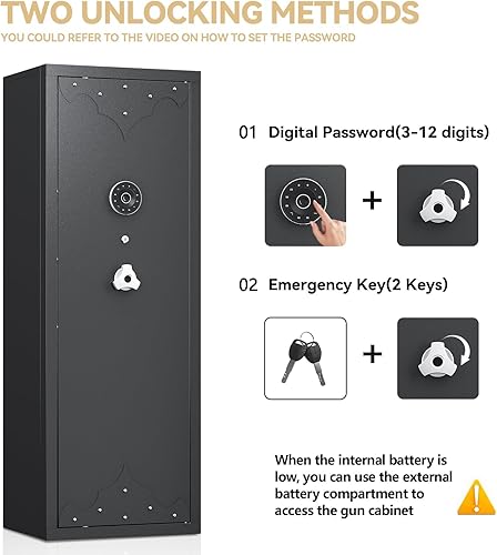 Miniatura 3 de Caja fuerte para pistolas 10-15 para el hogar, gabinete de seguridad de rifle y pistola de gran capacidad, bloqueo de teclado digital, llaves de