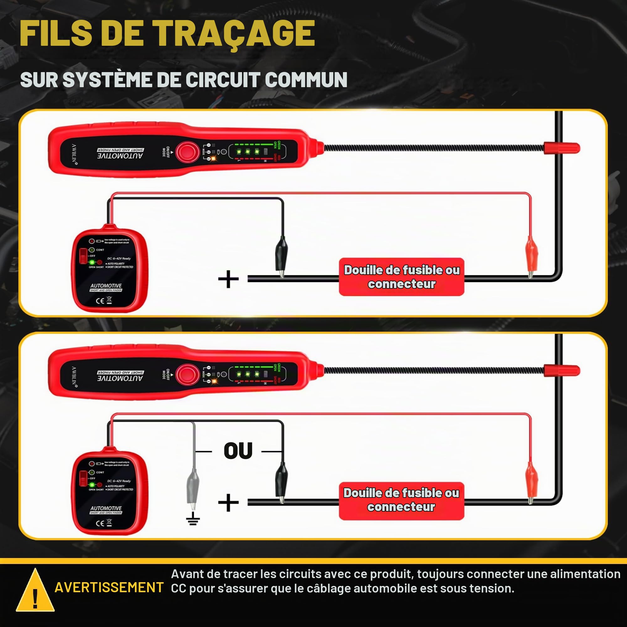 AWBLIN Traceur de fils électriques pour automobile - Détecteur de circuit ouvert et court - Détecteur de fils - Sonde de défaillance - Traqueur de câble électrique CC 6-42 V