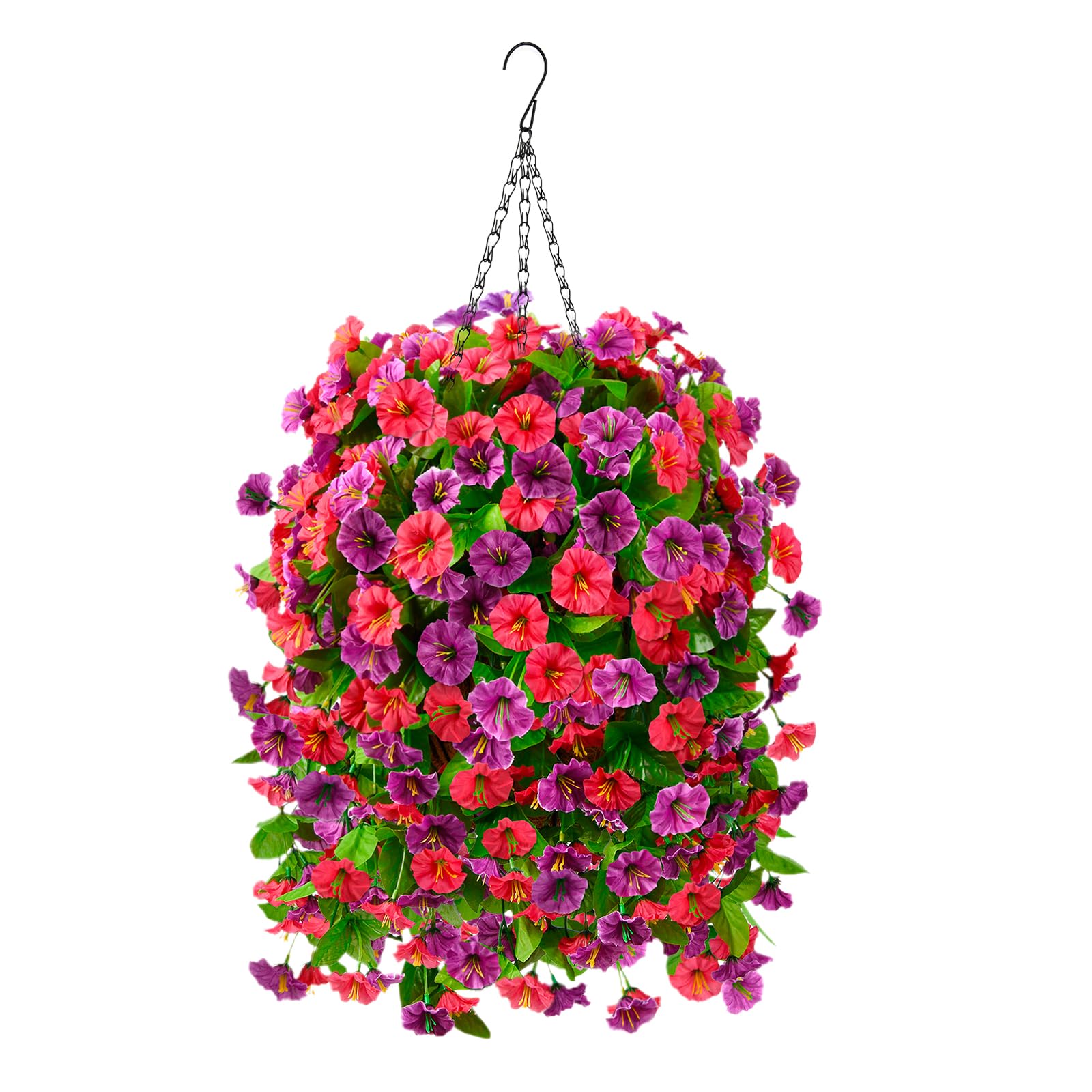INQCMY Artificial Flowers for Outdoors, Fake Flowers Hanging Basket with 3 Bundles Silk Morning Glory in Planter, UV Resistant Artificial Floral