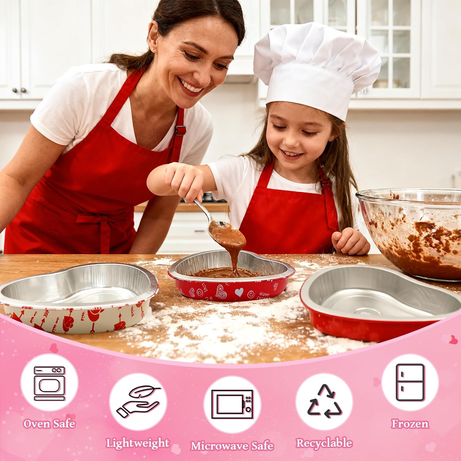 8 Inch Heart Shaped Cake Pans with Lids and Spoons, 24 Pack Large Disposable Aluminum Foil Heart Cake Pan, Cakes Pans Sets for Baking Cups Red, Cupcake Baking Cups for Fathers Day Party