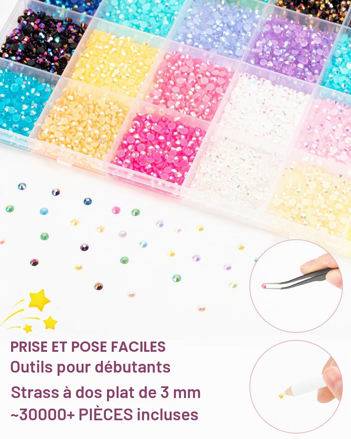Vinuwu 24 Couleurs Strass, 30000+Pcs 3mm Flatback Bedazzling Kit avec Pince et Stylo, AB Strass a Coller DIY pour Ongles Deco Nail Art Vêtements Chaussures (Colle requise, non incluse)