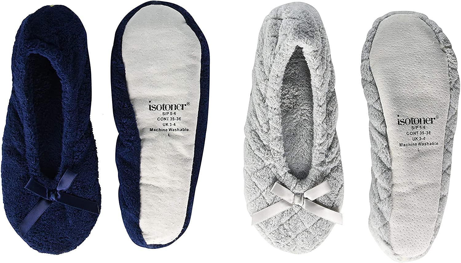 isotoner2 Pack Microterry Ballerina Slippers With Satin Bow, Suede Sole, and Terry Lining womens Ballet Flat