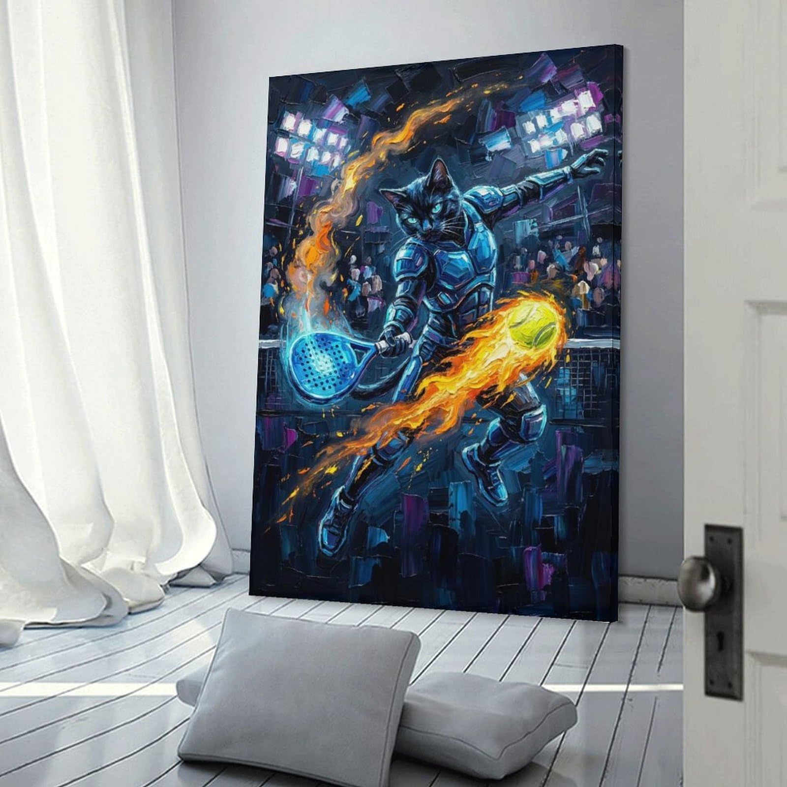 Junmoney Frame-Style-6 Armored Cat Playing Padel With Fire Hanging Wall Art, 24X36inch(60X90cm), For Bedroom Decor, Cosy Corners Or Studios, An Easy Wall Refresh For Bedrooms