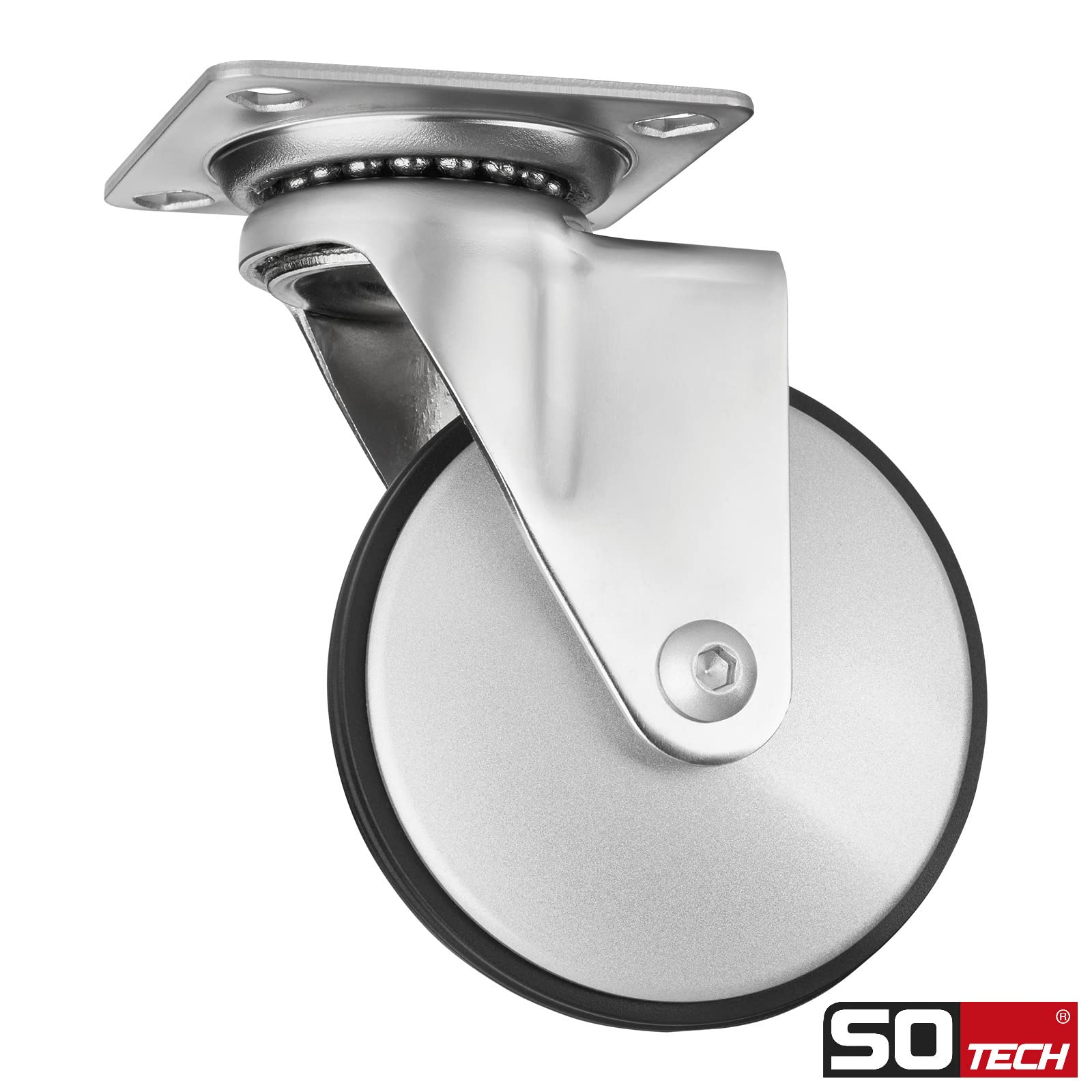 Sotech 4er Set Design-Möbelrolle LINDAU (Ø 75 mm, 35 Kg Tragfähigkeit pro Rolle, 360 Grad drehbar, mit Montageplatte, silbergrau) Transport-Lenkrolle, leise und bodenschonend