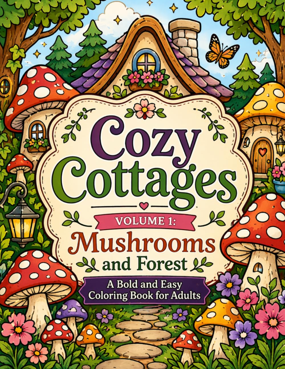 Cozy Cottages Volume 1: Mushrooms and Forest — A Bold and Easy Coloring Book for Adults: 30 Simple Cottagecore Designs for Stress Relief and ... Lines | Perfect for Beginners and Seniors