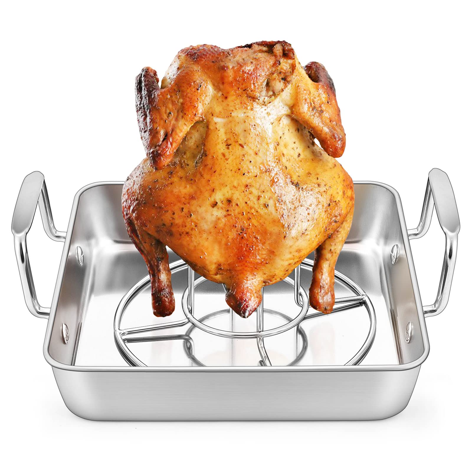 E-far Small Roasting Pan with Beer Can Chicken Holder Set, Stainless Steel Vertical Chicken Roasting Stand Rack with 9 Inch Square Drip Pan for Oven BBQ Grill Smoker, Heavy Duty & Dishwasher Safe
