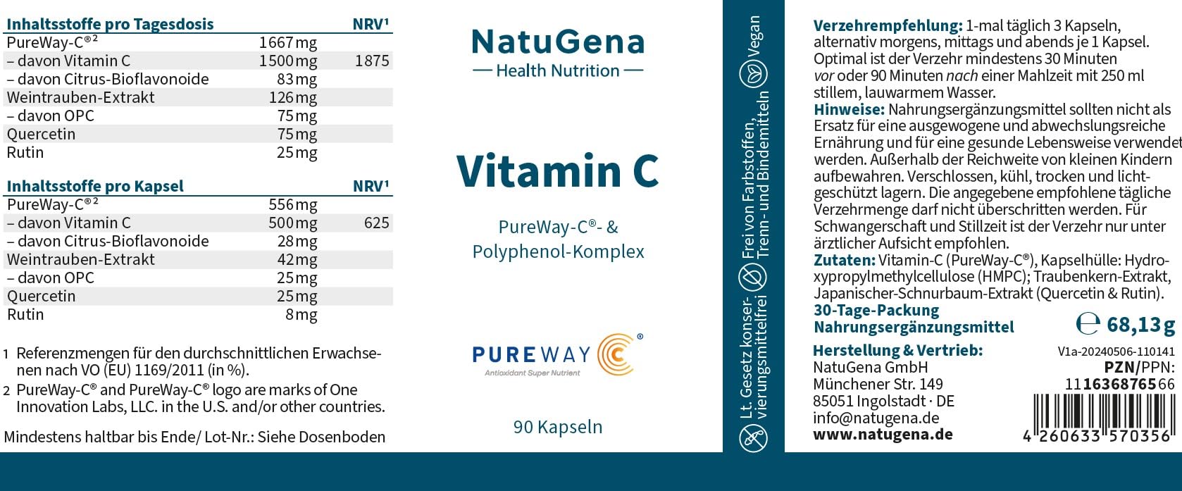NatuGena Vitamin C, PureWay-C- & Polyphenol-Komplex, OPC aus Weintraubenkern-Extrakt und Querecitin, 90 Kapseln (1 Monats Packung)