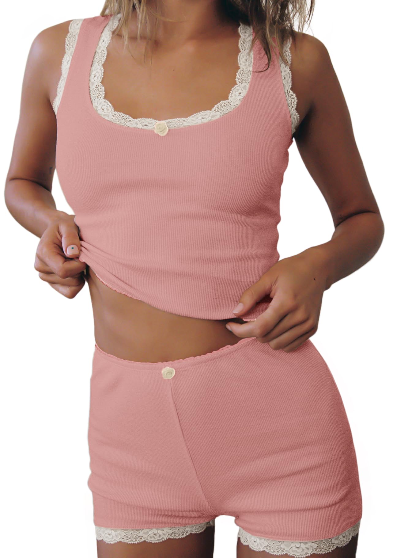 Supersun Pajama Sets For Women 2 Piece Ribbed Tank Top With Lace Trim High-rise Shorts Scooped Neckline Cute Pajamas Sleep Sets Wine Red, Medium: Pink Medium
