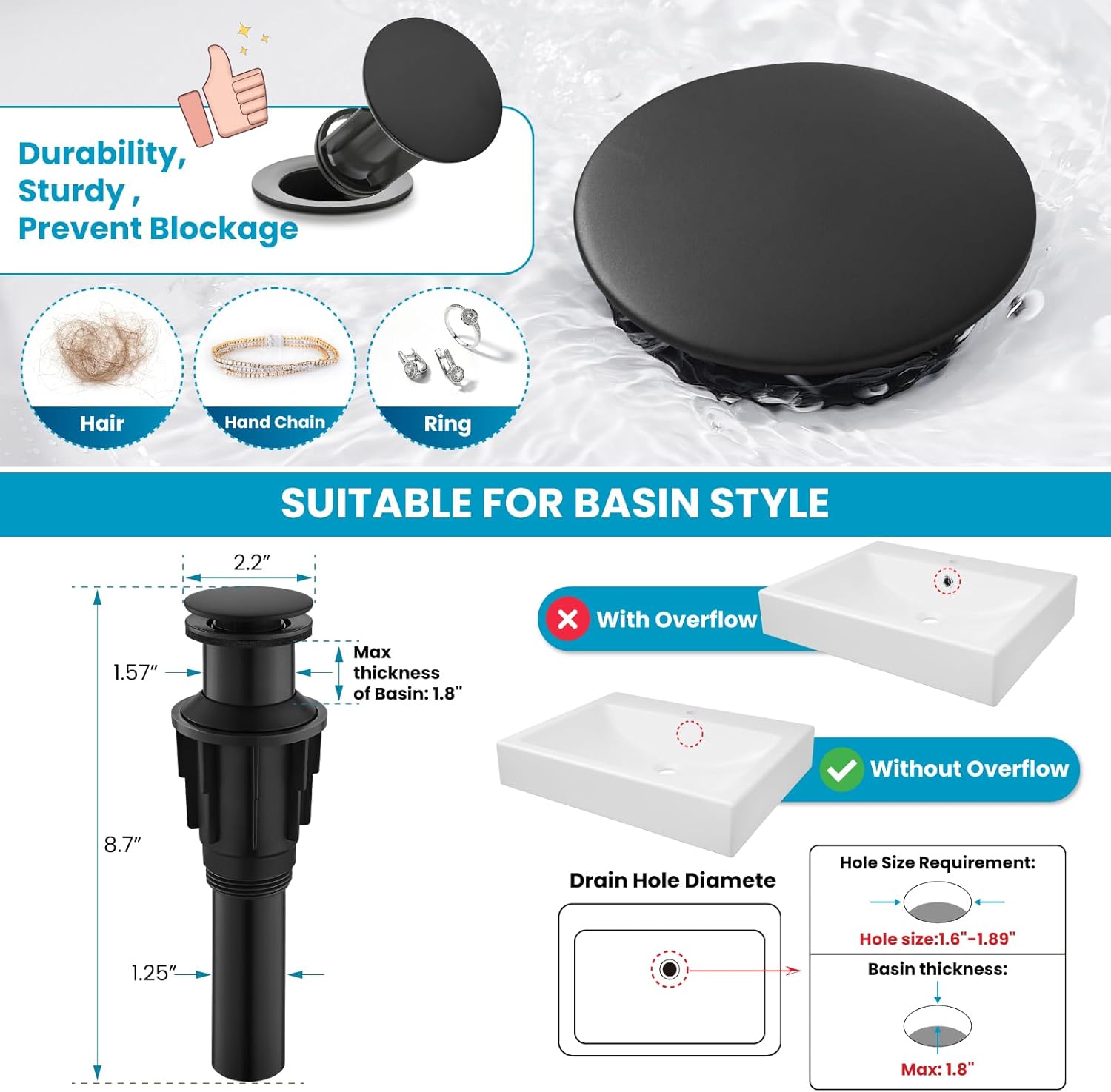 gotonovo Vessel Sink Faucet 360° Swivel Spout Single Handle Tall Bathroom Faucet 1 Hole Farmhouse Lavatory Washbasin Mixer Tap Matching Supply Hoses, with Pop Up Drain, Matte Black - Image 4