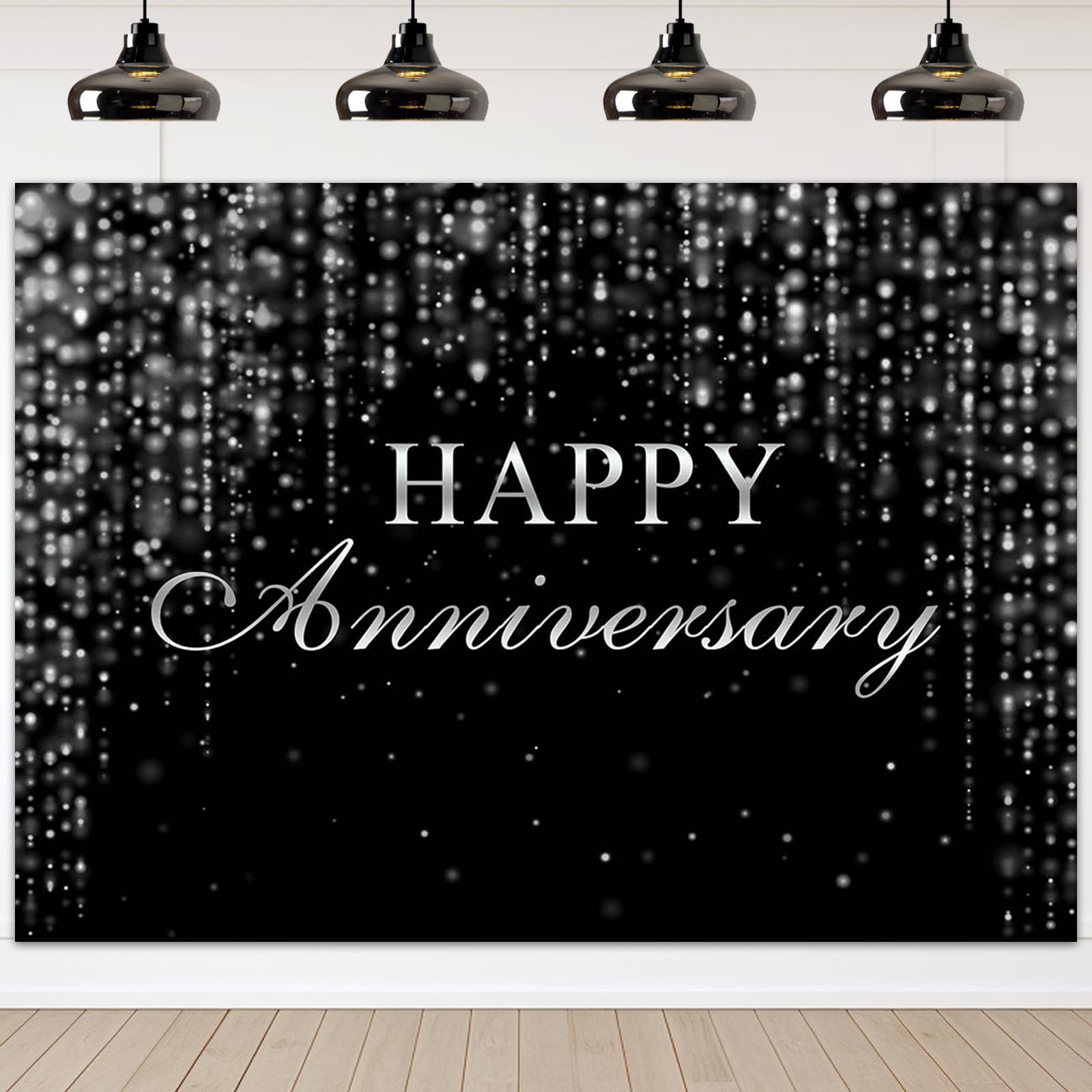 Mocsicka Happy Anniversary Backdrop Black Silver Anniversary Background Wedding Party Cake Table Decoration Photo Booth Props (7x5ft)