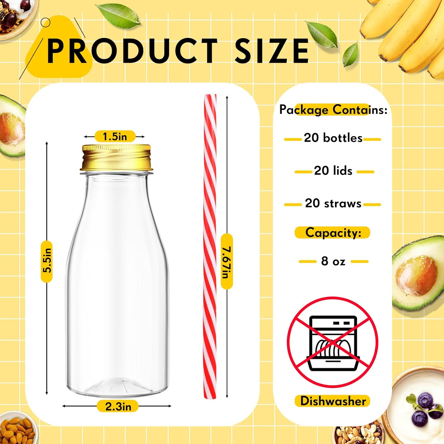 Yinkin 20 Sets Plastic Milk Bottles with Straws Lids Clear Plastic Containers for Dairy Milk Party Bottle for Juices Shakes Smoothies (8 oz,Gold Lid) 8 oz Gold Lid 20