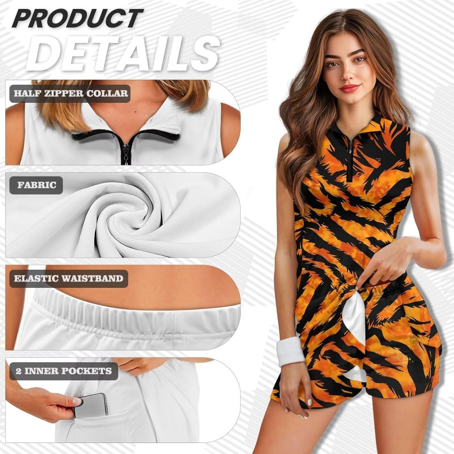 Tennis Dress for Women Summer Sleeveless Golf Dresses with Shorts and Pockets Zip Up Stand Collar Golf Outfits
