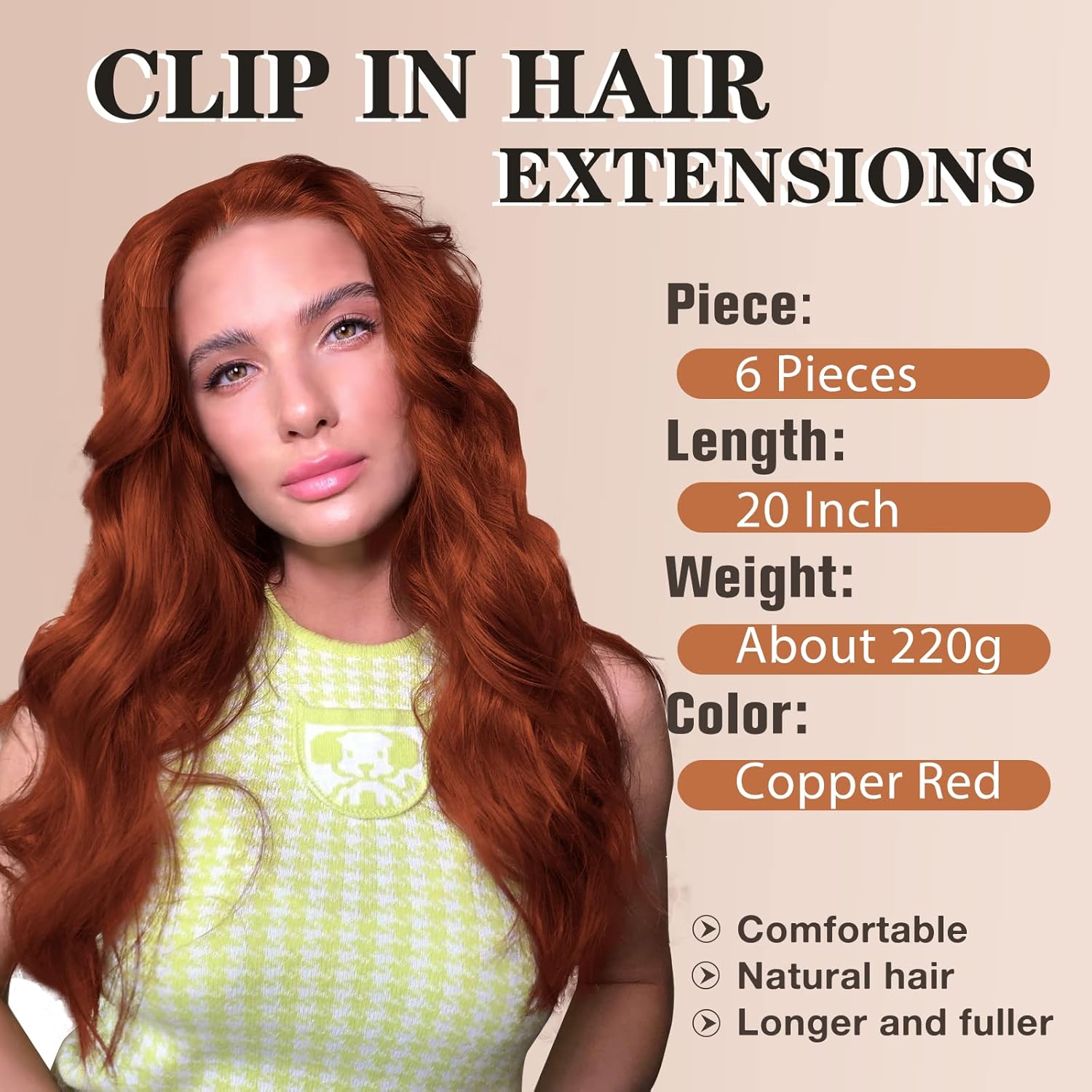 NAYOO Clip in Hair Extensions for Women 20 Inch Long Wavy Curly Copper Red Hairpieces Full Head Synthetic Hair Hairpieces(6PCS,Copper Red)