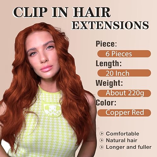 Miniatura 2 de NAYOO Extensiones de clip para cabello de 20 pulgadas para mujer, cabello ondulado y rizado de cobre rojo, extensiones de cabello sintético para