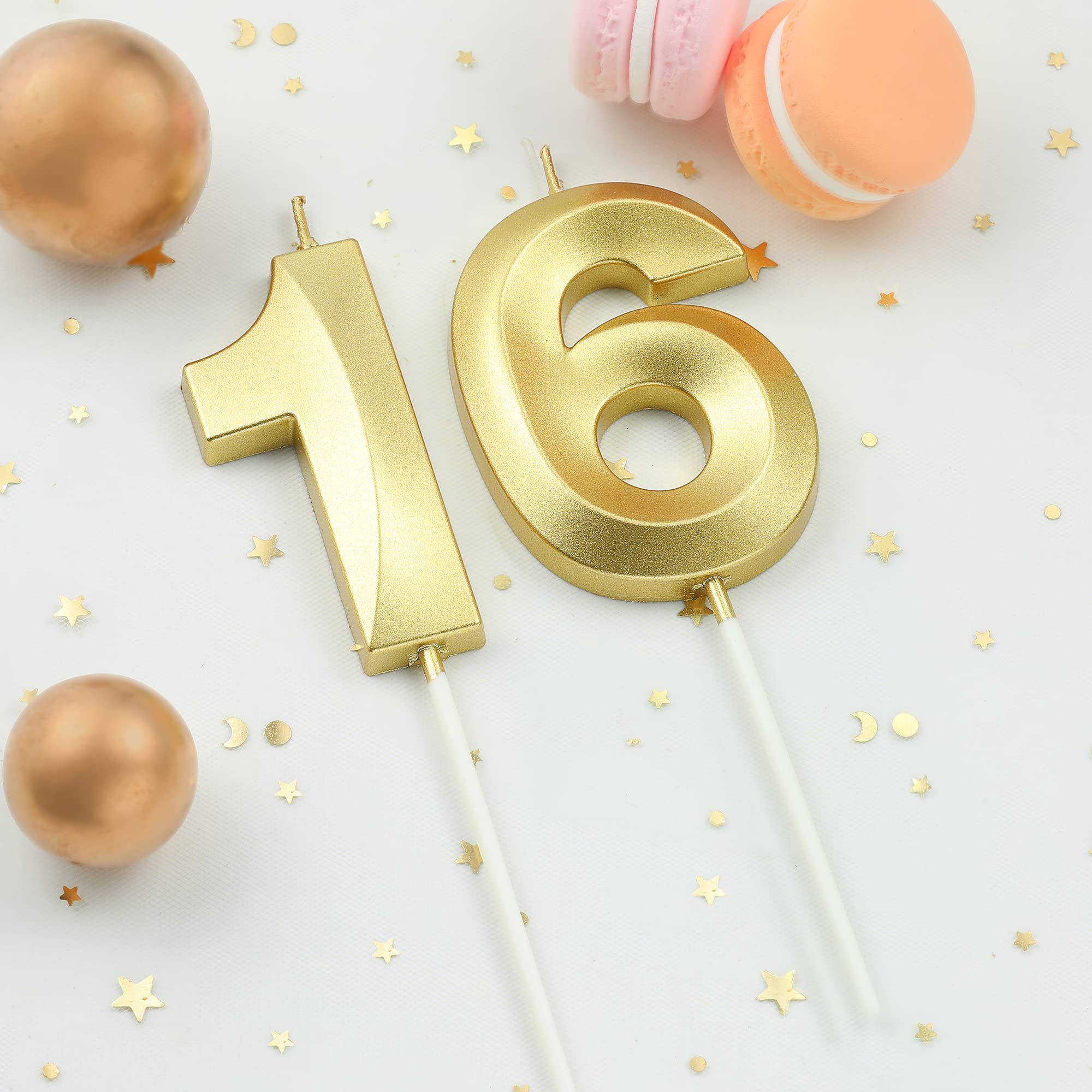 Velas de cumpleaños con número 16 de 2.76 pulgadas, velas de números dorados, velas con números de pastel, celebración de fiesta