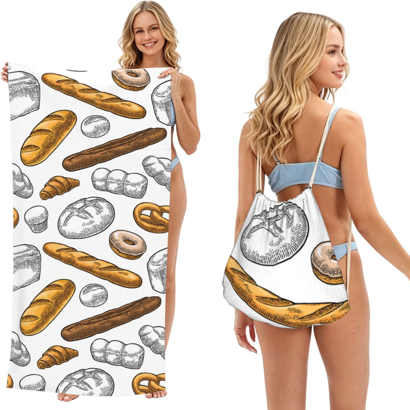 Poadnly As Picture Bread Pattern On White, 2 In 1 Packable Towel Bag, Beach Towels With Drawstring Backpack For Travel Holiday Camping