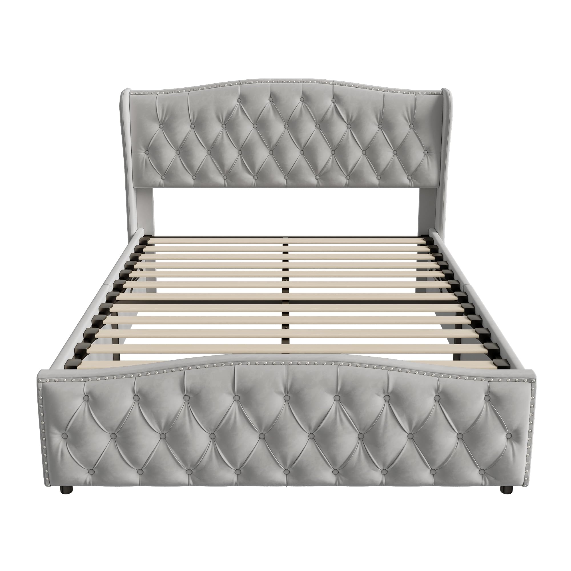 Polsterbett 140x200 cm mit Unterbettkommode, Doppelbett mit Kopfteil und Lattenrost, Samt, für Erwachsene und Jugendliche geeignet, beige-graues Polsterbett, Ohne Matratze(Grau, 140x200cm)
