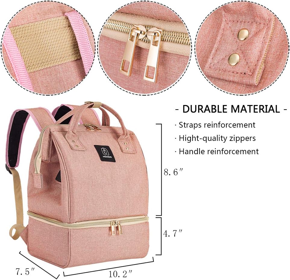 MOMIGO DiaperBreast Pump Backpack - Cooler and Moistureproof Bag Double Layer for Mother Outdoor Working Backpack with USB Charging Port, Large (Pink)