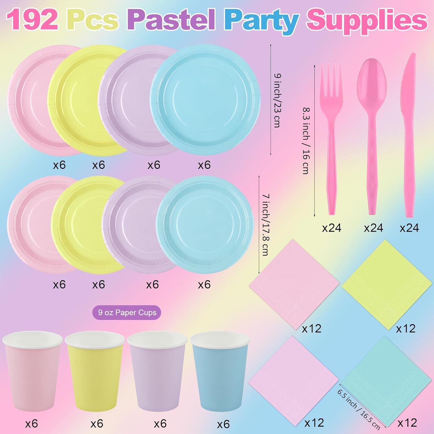 Kochorie 192 Pieces Pastel Party Supplies Disposable Paper Plates Cups Napkins Plastic Forks Knives Spoons for Birthday Baby Shower Festival Party Decor, Serves 24 Guests
