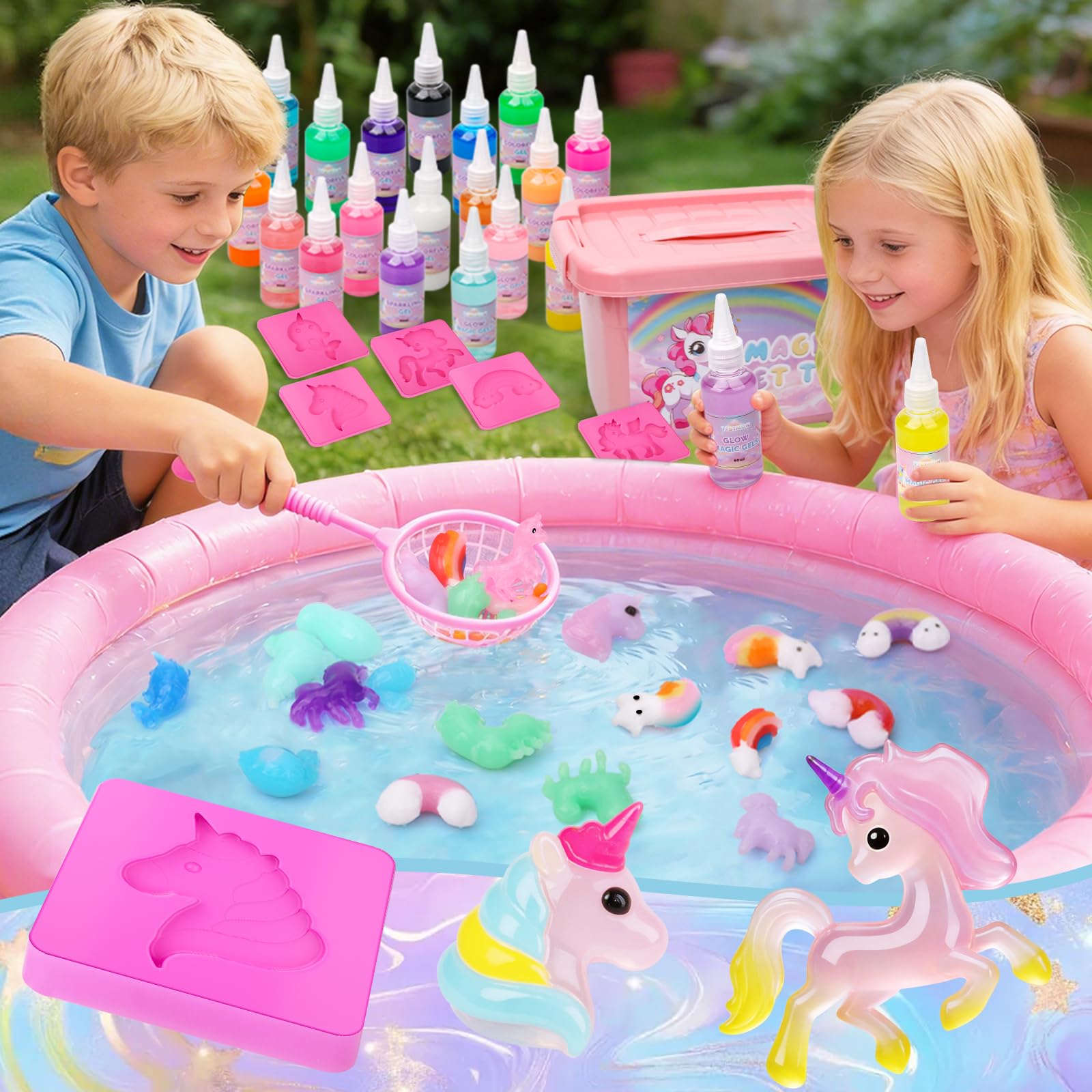 Tibimon Einhorn Magic Water Elf, DIY 3D Magisches Wasser Gel Spielzeug, 20 Magischem Gel und 16 Formen, Magic Water elf für Kinder 4 5 6+, Geburtstag, Weihnachten, Ostern, Geschenk für Jungen Mädchen