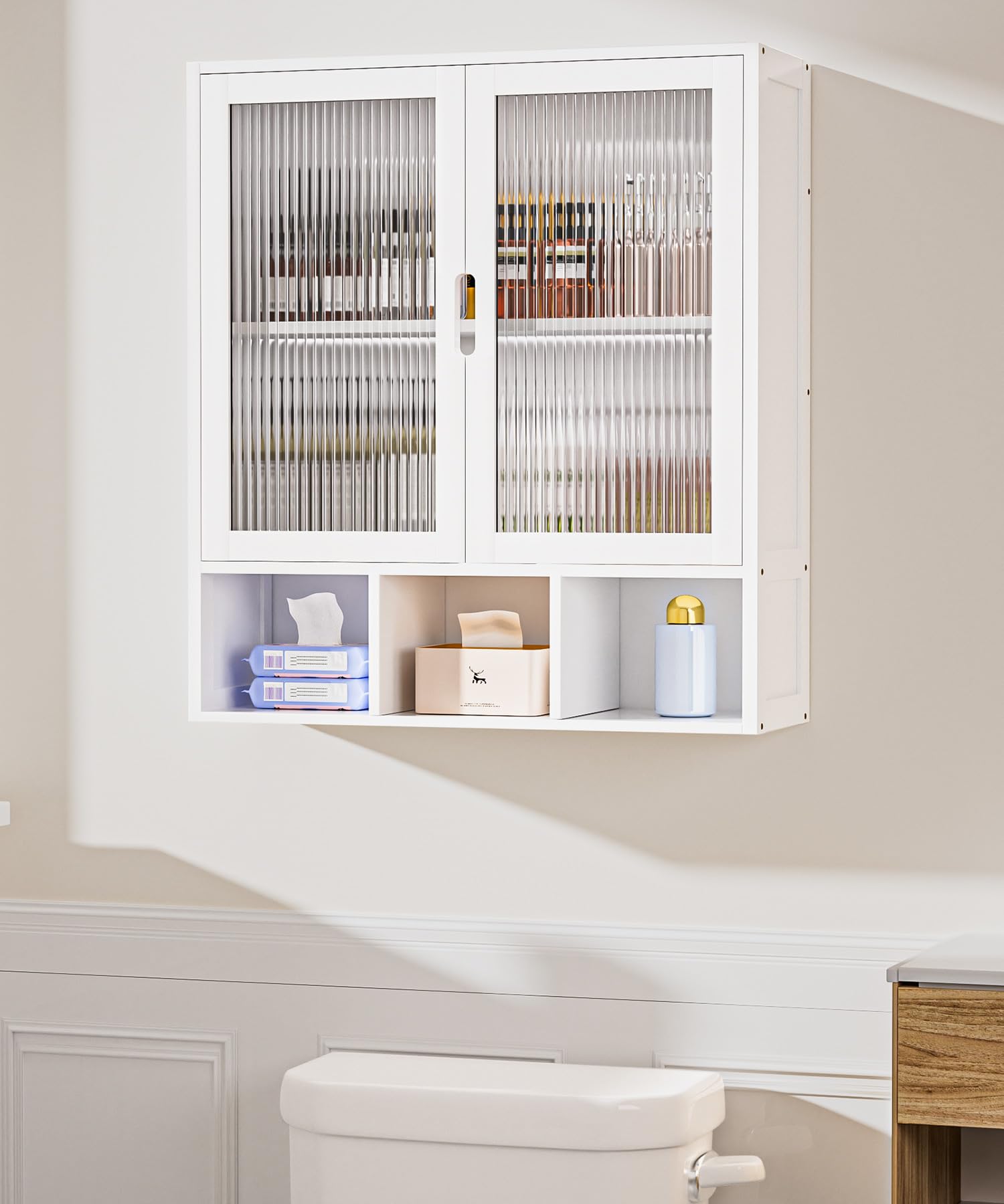 YORBAY Armario de Baño Pared con 2 Puerta Magnética Transparente y Compartimento Abierto, Armario Botiquín de Bambú para Baño, Alacena de Colgar Que Ahorra Espacio, 22 x 59 x 66 cm (Blanco)