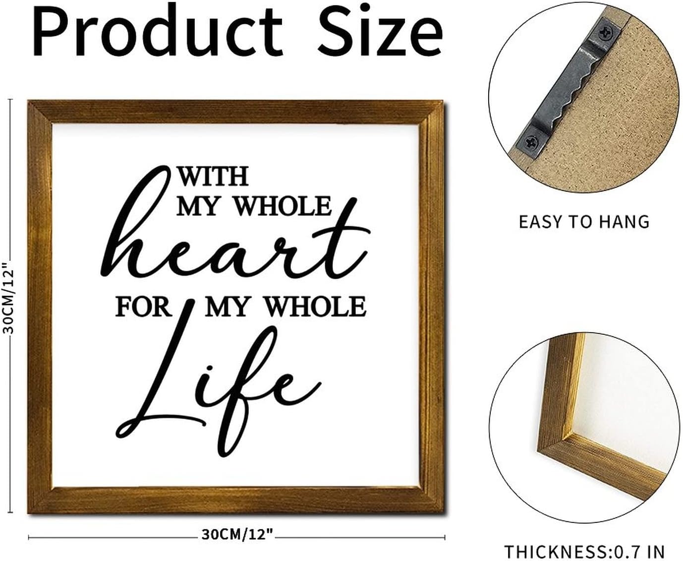with My Whole Heart for My Whole Life Wood Framed Signs Christian Scripture Hanging Sign Retro Home Wall Decoration for Bedroom Living Room Office Home Wall Housewarming Gift 12x12 Inch