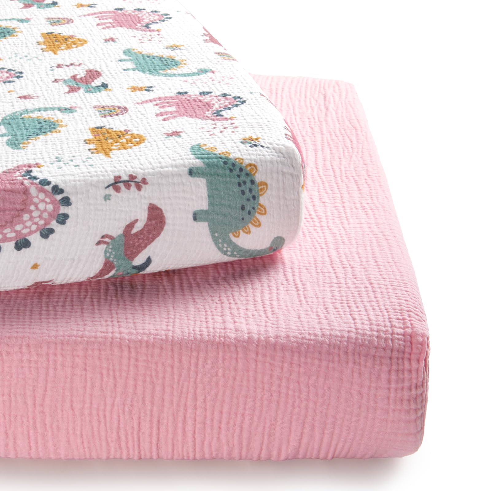 TILLYOU Muslin Fitted Sheets Set of 2 Bed Sheets Cot 60 x 120 cm 100% Cotton Fitted Sheet Baby Rainbow Dino