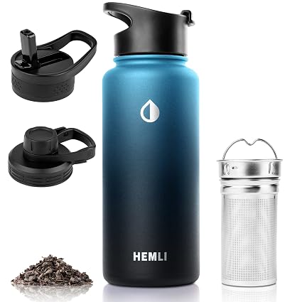 Tea Infuser Bottle, Tea Thermos, Tea Tumbler with Infuser, Insulated Tea Travel Mug with 3 Lids, Tea Infuser Travel Mug - ? (32 oz, Blue Black)