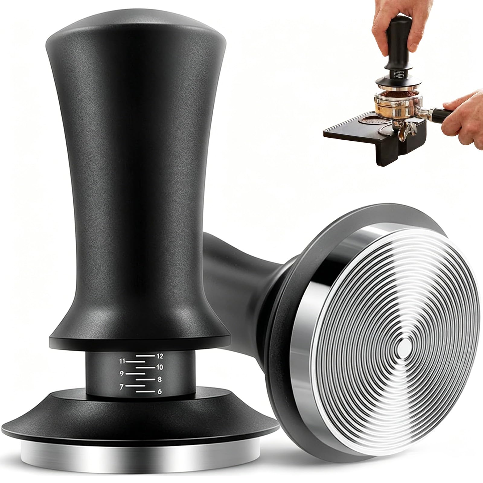 53mm Coffee Tamper with Ripple Base, Tamper Tool with Spring Loaded Design, Espresso Tamper for Barista Use at Home with 304 Base, for Espresso Machines, Barista Tool