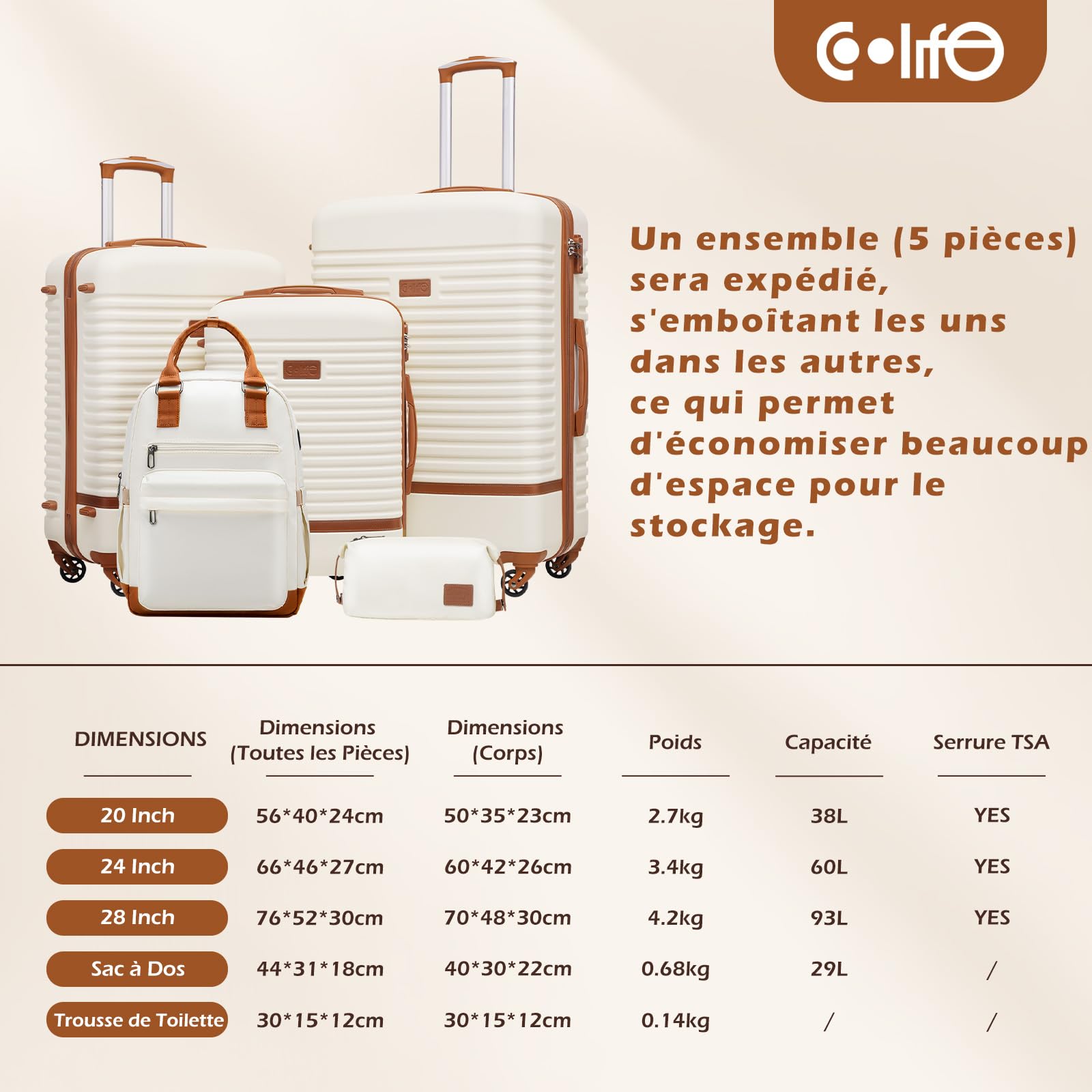 COOLIFE Valise, 5 Pièces Set de Valise avec Sacs de Voyage et Trousse de Toilette pour Les Voyages en Famille, Serrure TSA et roulettes Pivotantes à 360° (Blanc/Marron, Set 5 Pièces)