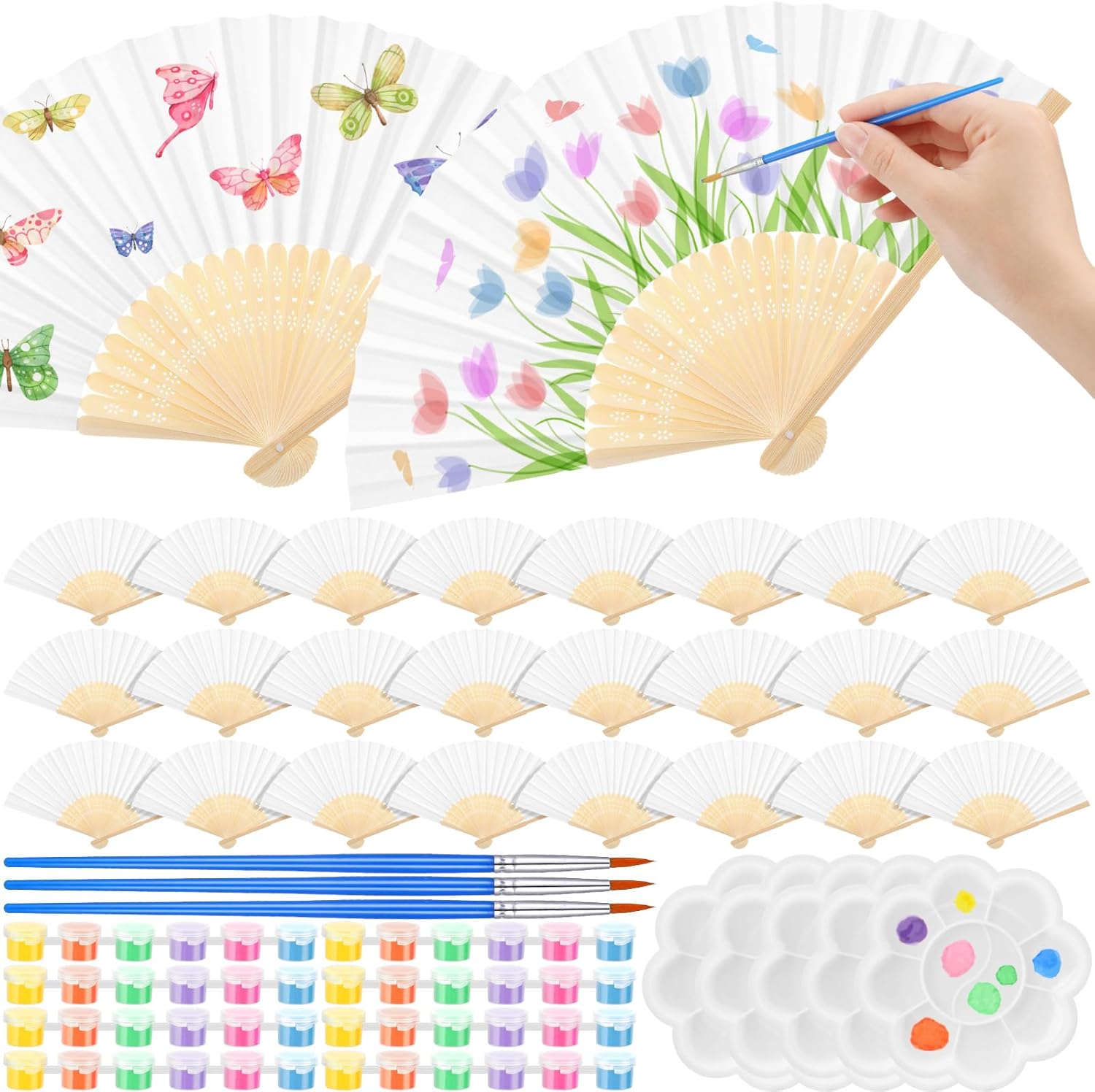 Maitys 96 Pcs/24 Set Blanks Paper Fans with Acrylic Paint Set White Folding Hand Decorative Fans Bulk DIY Crafts for Wedding, Bridal Shower DIY Decoration Photography Props