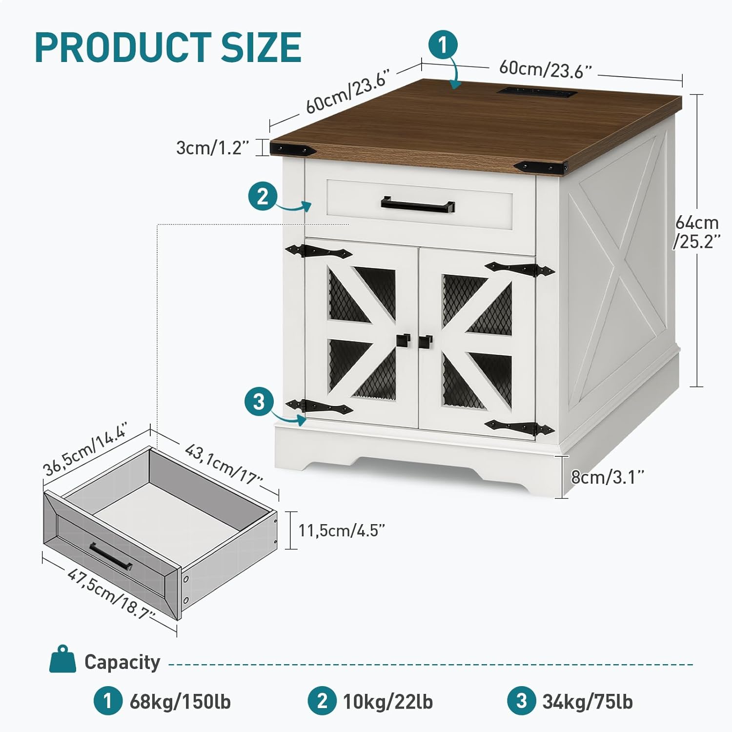 RALGEND White Farmhouse End Table with Charging Station, 24" Large Sofa Side Table with Drawer, Large End Table for Living Room, Wooden Nightstand with Outlet, Square, White and Walnut