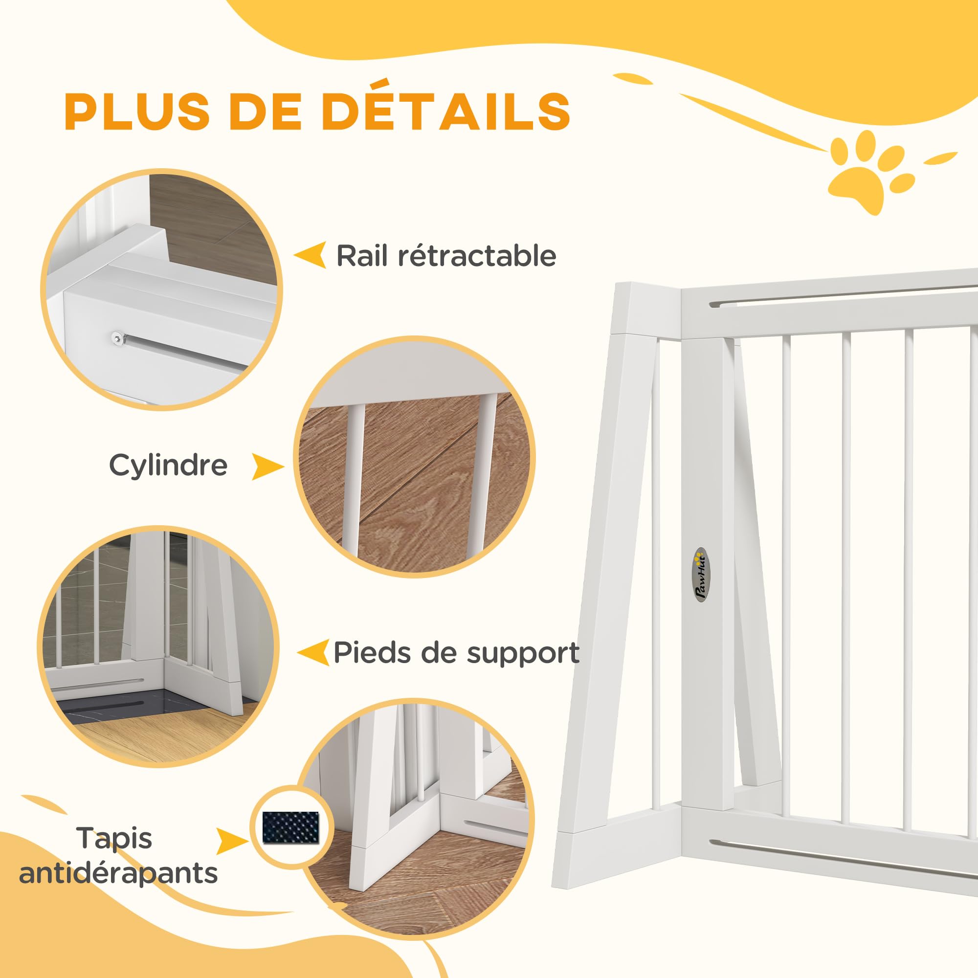 PawHut Barrière de Sécurité pour Chien Bois 71-190L x 38,5l x 56H cm Blanc