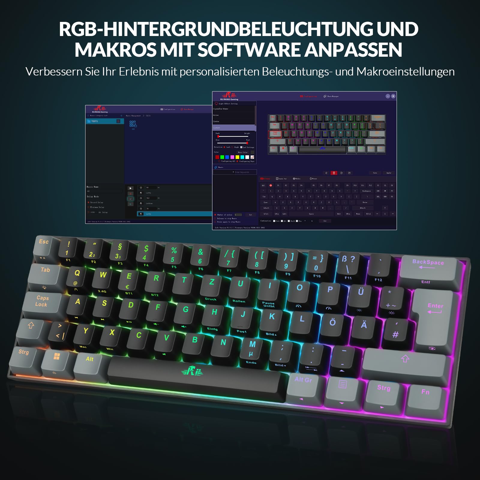 Rii Gaming Tastatur Mechanisch, 60% Tastatur Kabellos RGB Beleuchtet mit Rote Schalter und N-Key Rollover für PC/Laptop/PS4/PS5, QWERTZ, Schwarz Grau (Bluetooth/2.4G/Kabel)