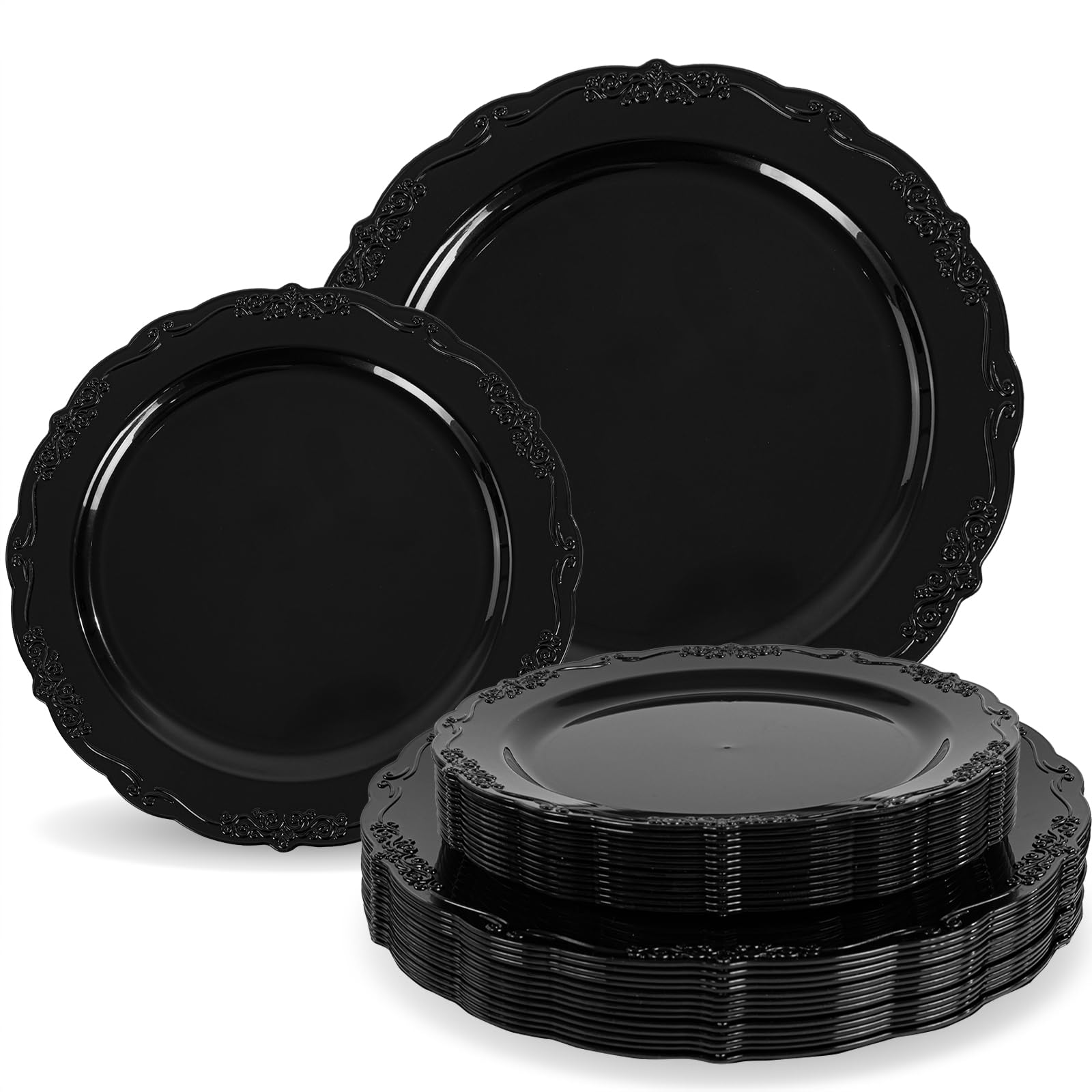 Tinybee 60PCS Black Plastic Plates - Halloween Black Disposable Plates