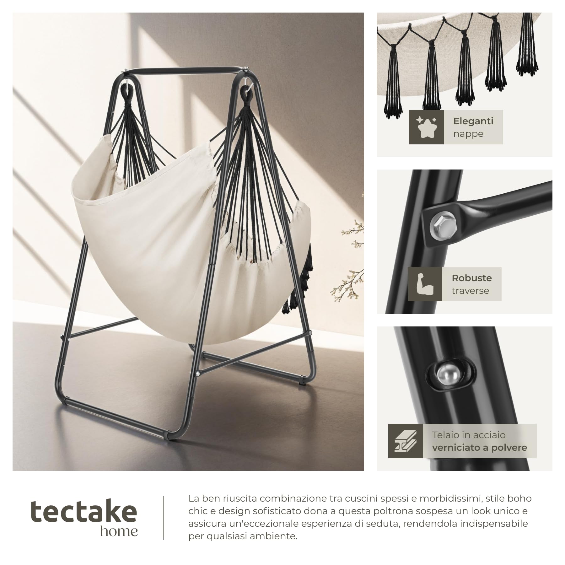 tectake® Poltrona Sospesa Boho con Cuscini, Tasca Laterale, Tessuto Misto Cotone-Poliestere, Telaio in Acciaio, Capacità 160 kg, Arredamento Casa e Giardino, per Interni ed Esterni - Beige