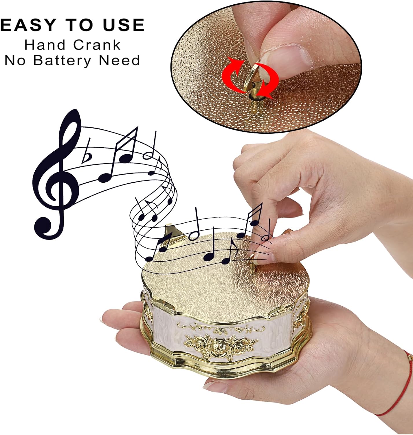 ELLDOO Vintage Music Box, Beige Metal Musical Jewelry Box Keepsake Box, Small Trinket Storage Organizer Jewelry Storage Box Gift for Girl Women (Tune: You are My Sunshine)