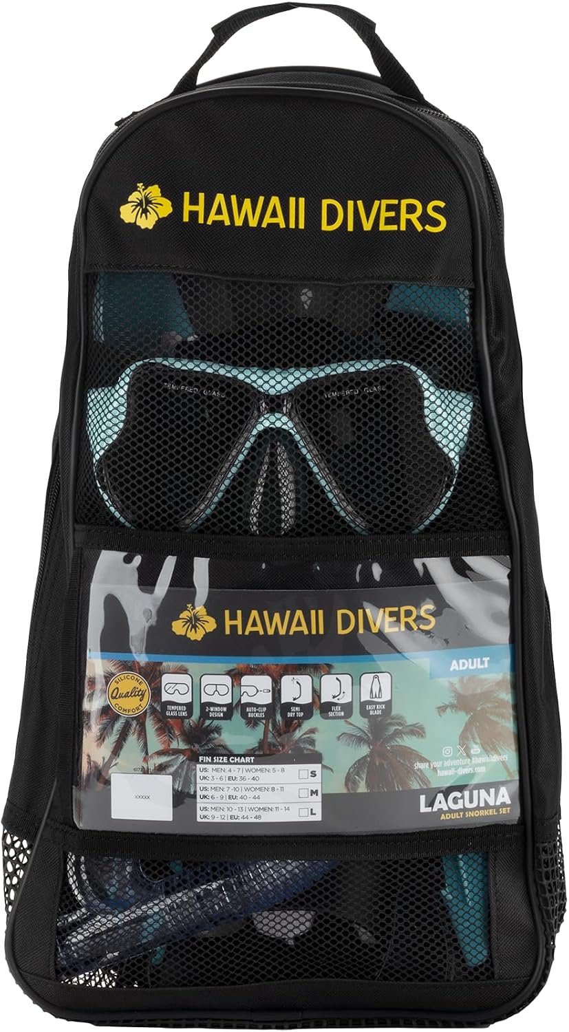 Hawaii Divers Leilani Mask Snorkel and Fin Set, Adult Snorkeling Gear, Dual-Window Tempered Glass Mask, Dry-Top Snorkel, Adjustable Fins, Travel Snorkel Set