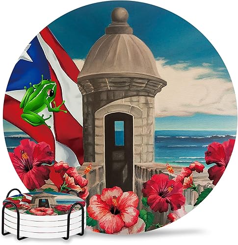 Juego de 4 posavasos para bebidas de Puerto Rico con soporte para tazas, posavasos de cerámica absorbente con parte trasera de corcho, uso como