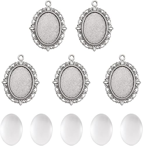 Miniatura 8 de Pandahall - Juego de 5 colgantes ovalados tibetanos de aleación de plata antigua con cabujones de cristal transparente, bandeja 0.709 x 0.512 in