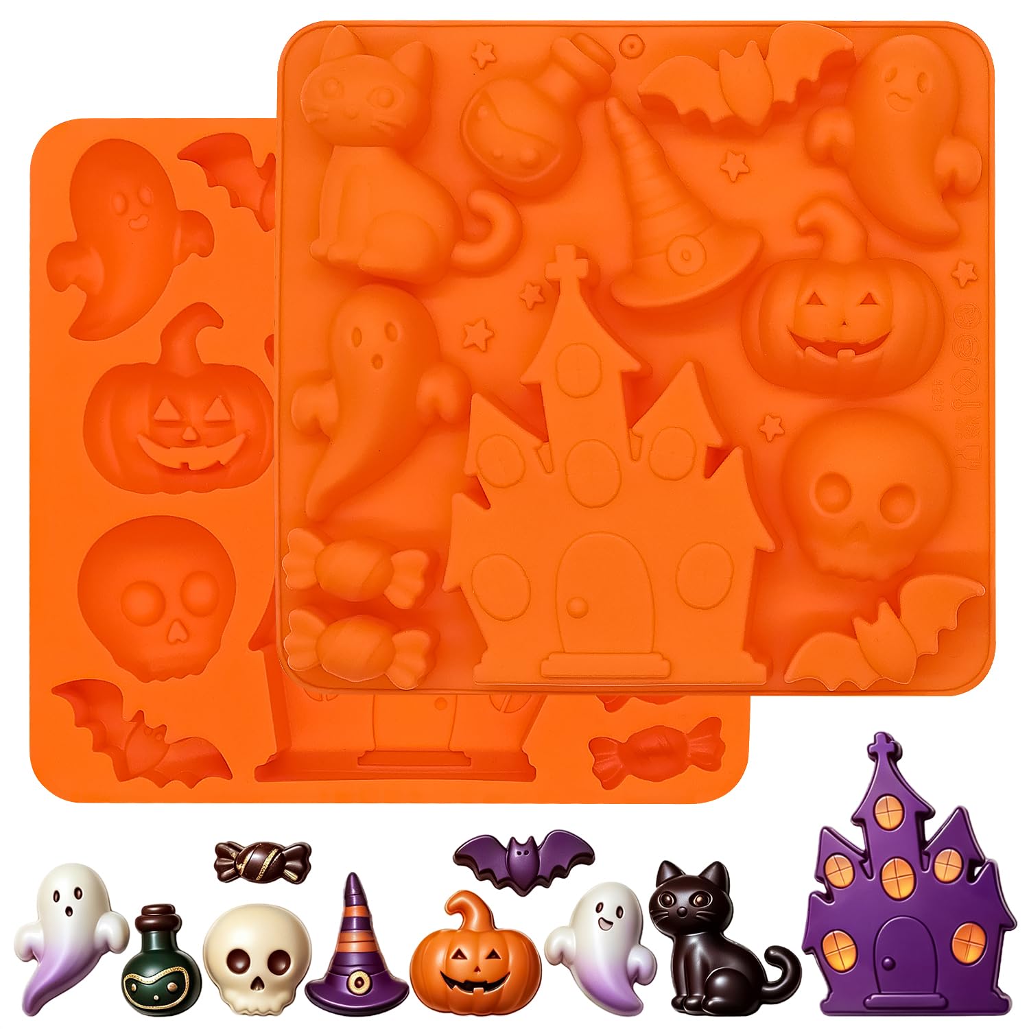 2 Pack Halloween Silicone Molds, Silicone Chocolate Moulds with Pumpkin Skull Bat Spider Black Cat Patterns, Candy Mold for Halloween Party Decoration