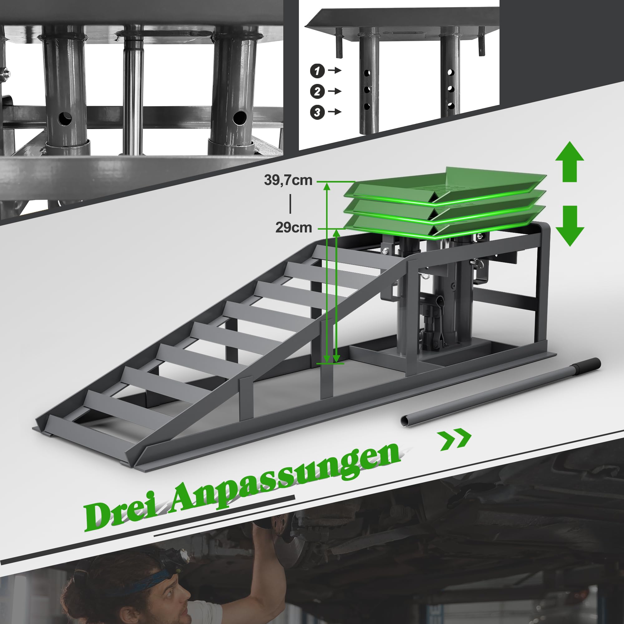 Juego de 2 rampas de carga para automóviles, con gato hidráulico, plataforma elevadora con válvula de seguridad/sobrepresión, para caravanas, remolques, garajes, talleres, HD26041503
