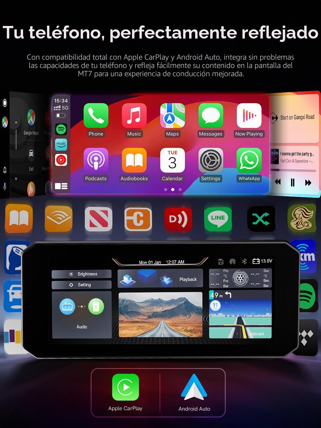 MT7 - Sistema de navegación inteligente para motocicleta, pantalla IPS 60Hz de 6.8 pulgadas, CarPlay y Android Auto, BT 5.2, IP67 impermeable, liberación rápida, cámaras delanteras/traseras y monitor