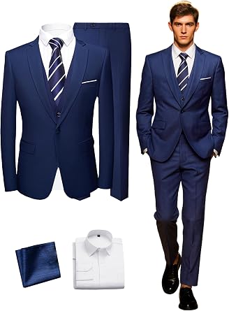 Mens 3-Piece Slim Fit Navy Blue Tuxedo Suit | Notch collar blazer with flap pockets; Includes vest and pants; Suitable for prom and wedding events; Ideal for banquet