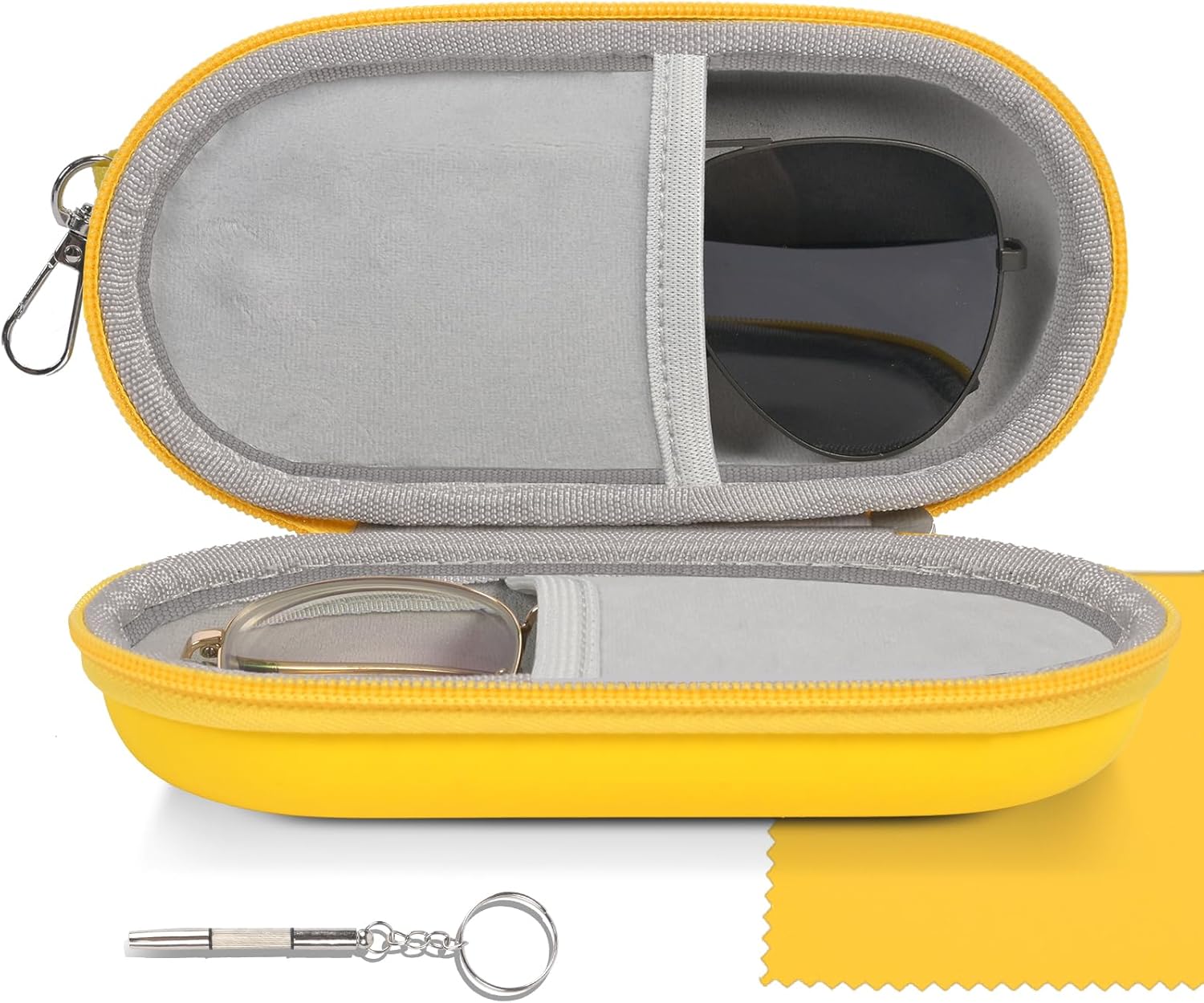 popolov Double Glasses Case,Dual Eyeglasses & Sunglasses Organizer with Clip Zipper Closure for Travel 2 Pairs Storage Box Yellow