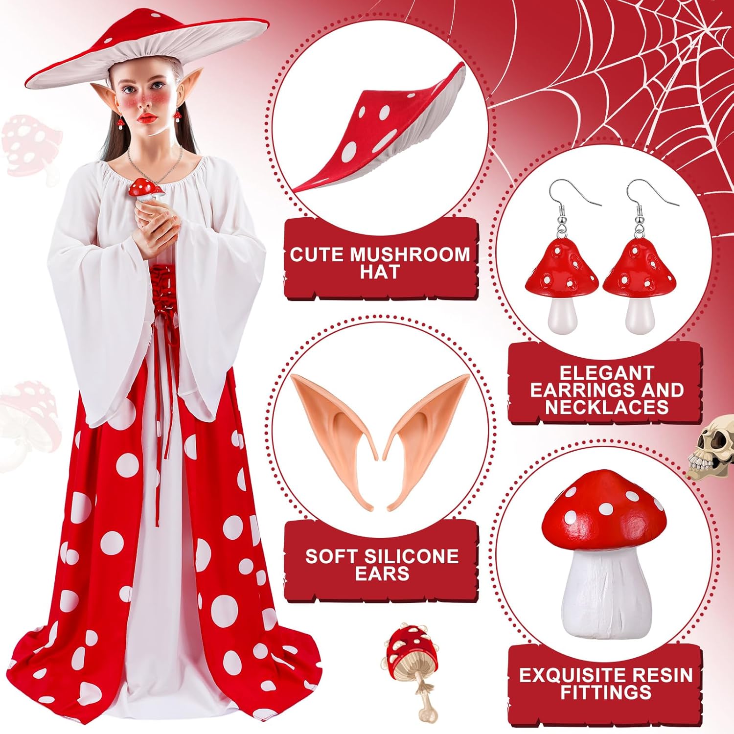 Jiuguva 6 Pcs Halloween Mushroom Costume Medieval Mushroom Dress Hat Necklace Dangle Earrings Elf Ears Mushroom Resin Decor